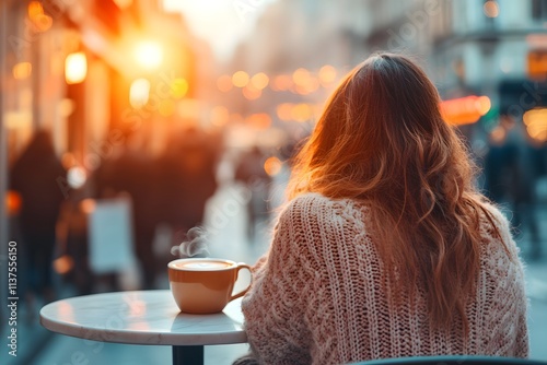 Woman sipping espresso at sidewalk café photo