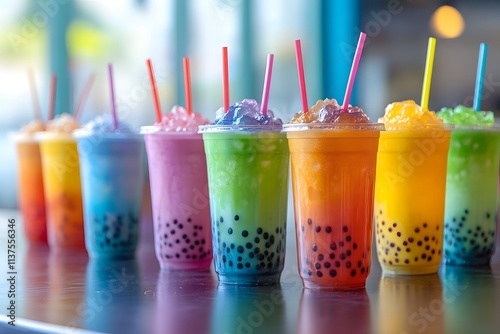 Colorful bubble tea drinks with tapioca pearls photo