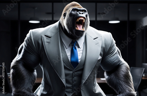 Aggressive Huge Laughing Gorilla in Business Suit with Office Background