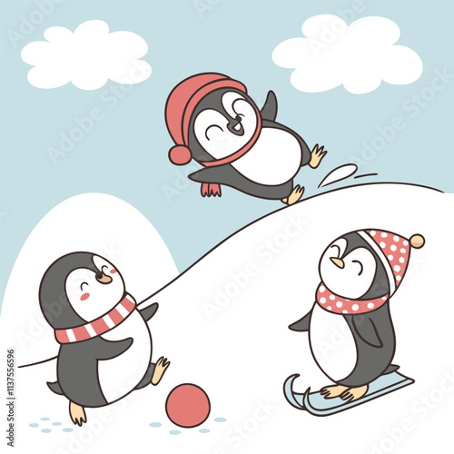 Three playful penguins enjoying winter activities on a snowy hill.