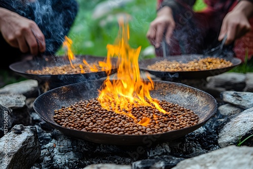 Friends roasting coffee beans traditionally