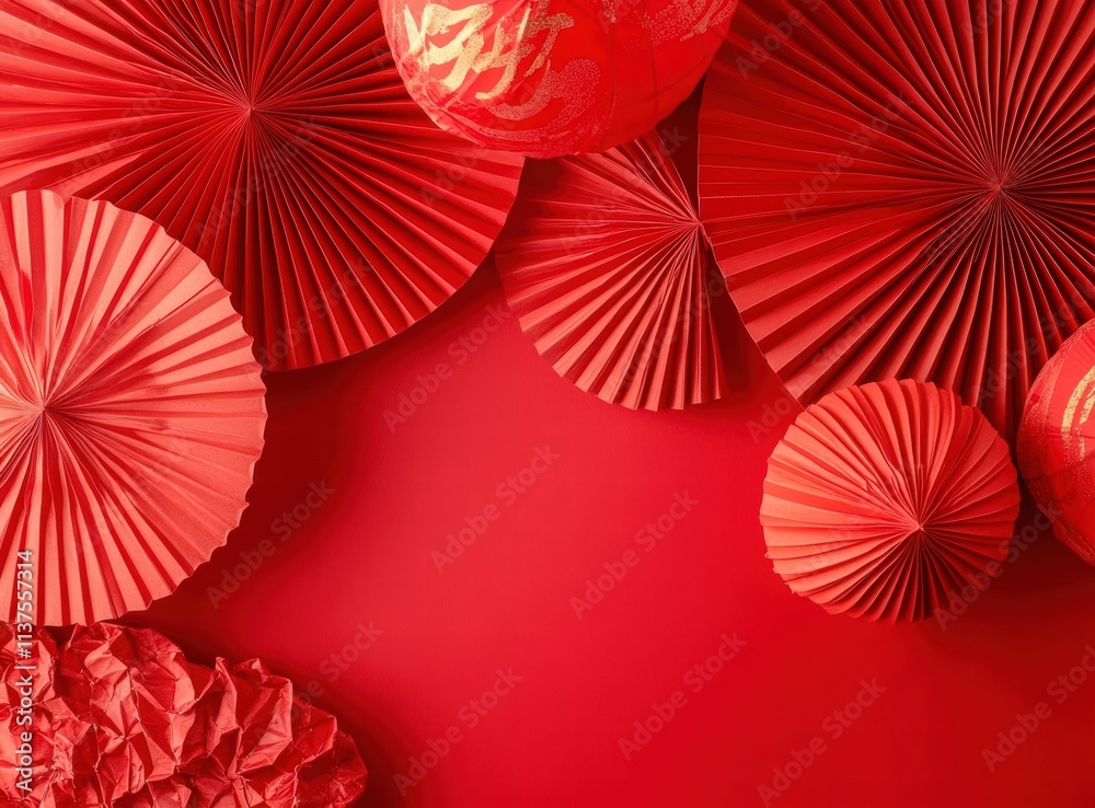 Obraz premium Red background, red lanterns, and folding fans hanging on the wall create a Chinese New Year atmosphere. Chinese New Year background with red lanterns and paper fans, glowing light effects. Red color.