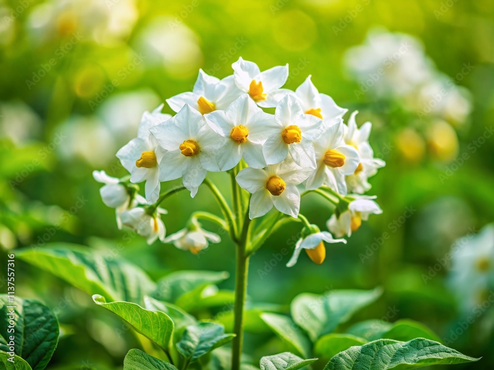 Macro Potato Blossom Photography: Close-Up White Flowers, Blurred Green Background Macro Potato Blossom Photography: Close-Up White Flowers, Blurred Green Background