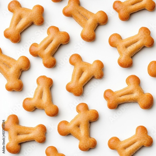 A photostock of baked dog biscuits shaped like bones, scattered on a white background, crunchy and pet-friendly, High Quality photo