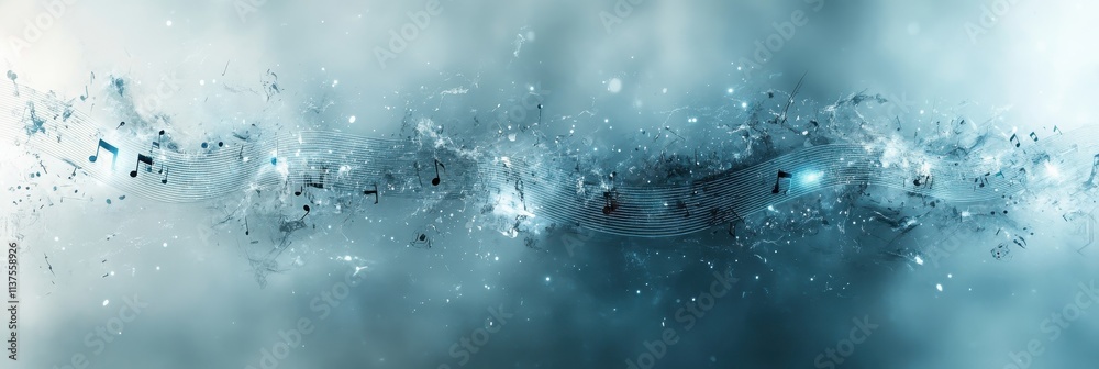 Abstract Musical Notes and Sound Waves in a Dynamic Blue Background with Light Effects and Motion Abstract Musical Notes and Sound Waves in a Dynamic Blue Background with Light Effects and Motion