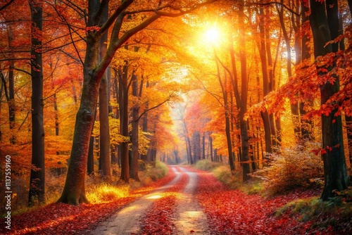 Magical Autumn Forest Path, Sunlit Trees, Bokeh, Fall Foliage, Enchanted Woods, Sunbeams, Autumn Scenery, Fantasy Landscape