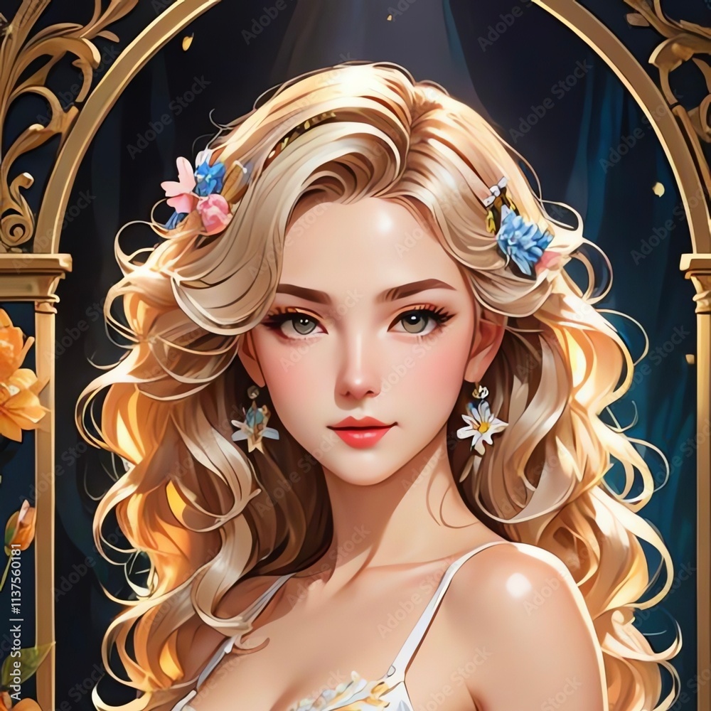 Fototapeta premium A woman with blonde hair is depicted in a digital painting.