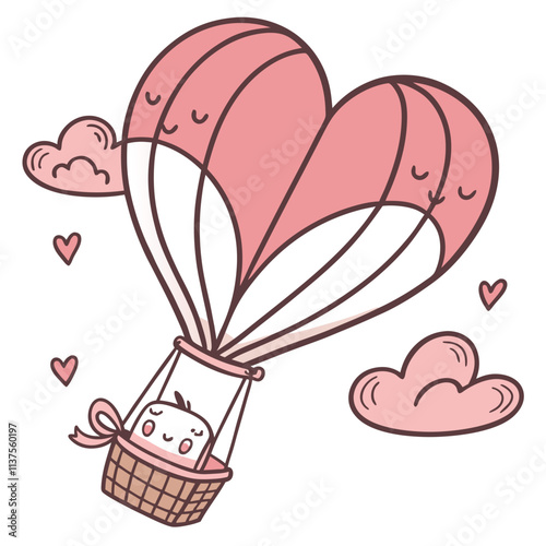 A cute illustration of a hot air balloon shaped like hearts with a character.
