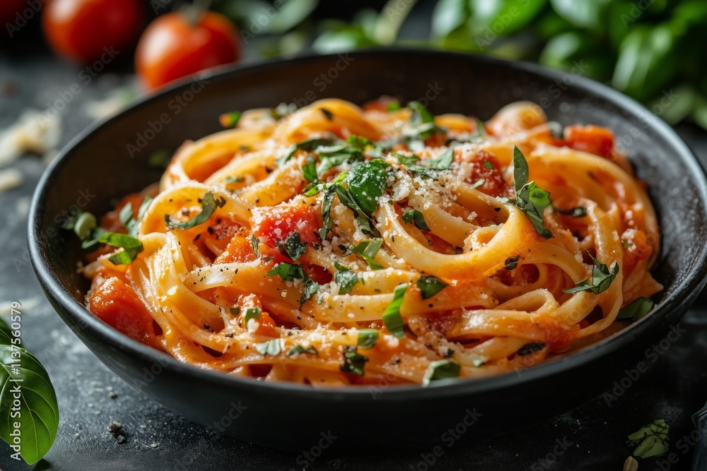 Fresh fettuccine pasta with tomatoes, parmesan, and basil in a black bowl. Fresh fettuccine pasta with tomatoes, parmesan, and basil in a black bowl.
