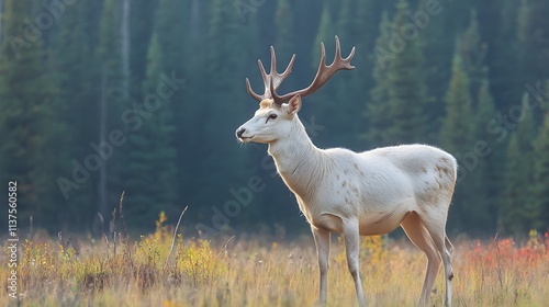 A majestic white deer with perfect antlers, and with beautiful views of the pine forest