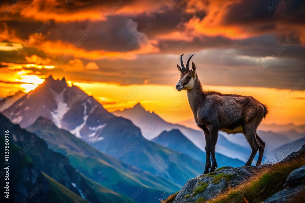 Majestic Chamois in Low Light Mountain Scenery: Alpine Wildlife Photography Majestic Chamois in Low Light Mountain Scenery: Alpine Wildlife Photography