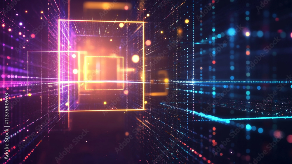 Obraz premium Abstract representation of a data center with glowing lights and network connections. Abstract Digital Space with Glowing Cubes