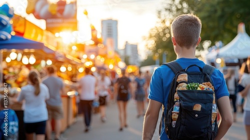 Lively and vibrant outdoor market scene with stalls shops and crowds of people in a city setting captured during the golden hour of sunset