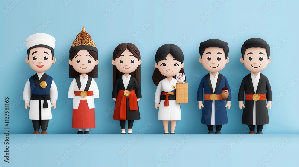 Diverse group of cartoon characters in traditional cultural costumes and attire representing different ethnicities nationalities and traditions from around the world Diverse group of cartoon characters in traditional cultural costumes and attire representing different ethnicities nationalities and traditions from around the world