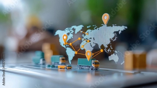 Digital of a world map with location pins and markers representing global logistics transportation and business connections  Concept of international commerce supply chain trade