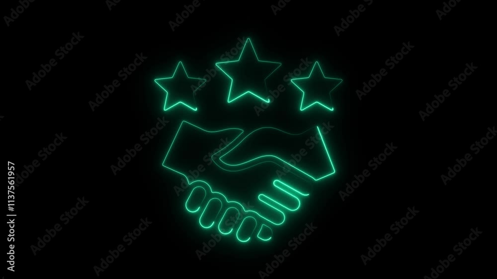 Neon Handshake Animation with Glowing Stars on Black Background Symbolizing Trust, Partnership, and Business Excellence