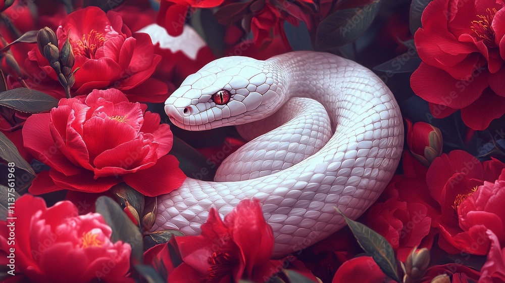 Fototapeta premium 2025 new yaer, white snake surrounded with red camellias