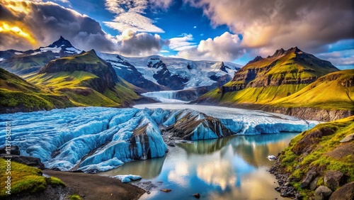 Majestic Fjallsjokull Glacier Flowing from Vatnajokull Icecap in Iceland, Capturing the Serene Beauty of Jokulsalon's Stunning Glacial Landscape and Surroundings photo
