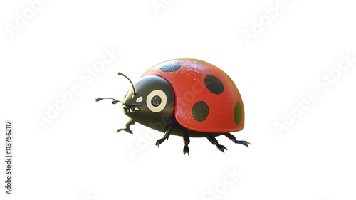 A cheerful animated ladybug character with black spots and a shiny red shell, poised mid-flight against a transparent background. photo