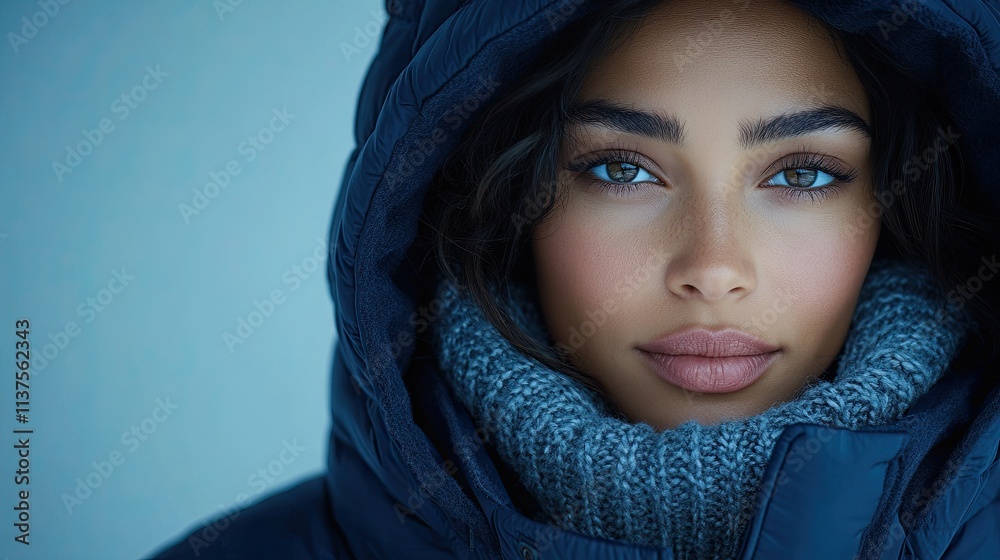 A close-up portrait of a young woman with long dark hair wearing a hooded winter jacket and scarf, looking directly at the camera with a serious expression. A close-up portrait of a young woman with long dark hair wearing a hooded winter jacket and scarf, looking directly at the camera with a serious expression.