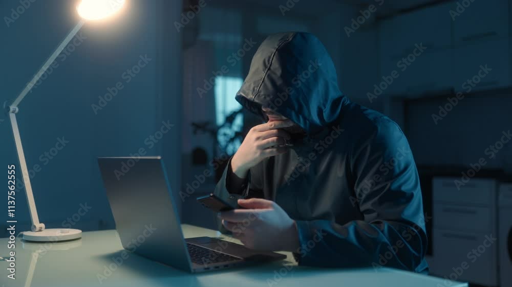 Hooded Hacker Rapidly on Laptop at Home in the Kitchen Hooded Hacker Rapidly on Laptop at Home in the Kitchen