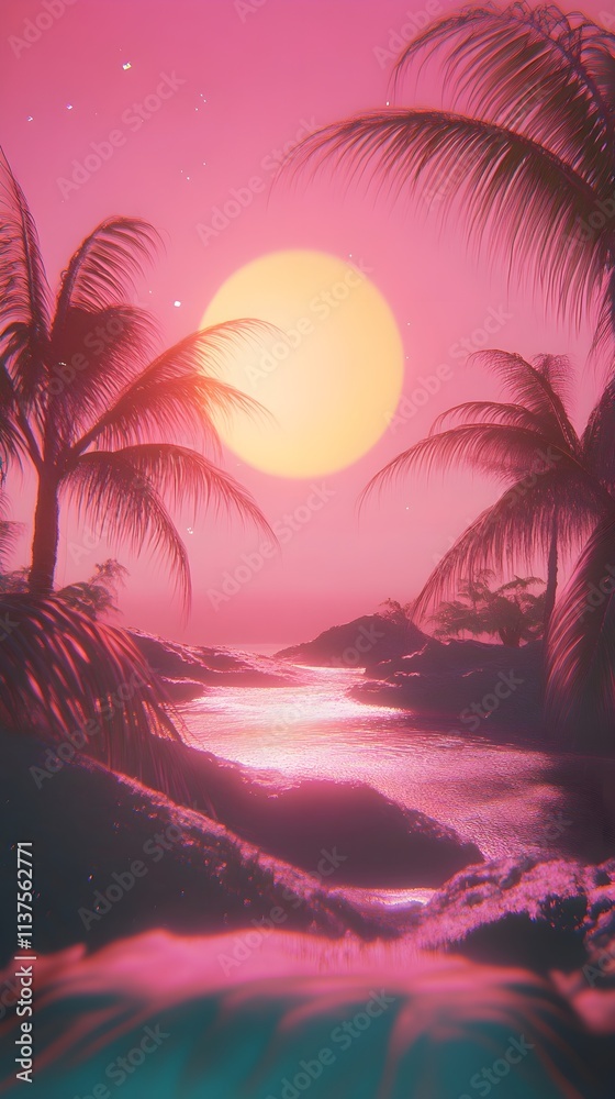 Naklejka premium A retro vaporwave background with palm silhouettes, a glowing pink sun, and horizontal glitch effects.