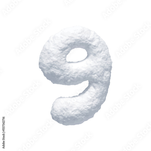 Number 9 made of snow realistic 3d design isolated on background. Nine sign made from snowy white texture. Vector illustration