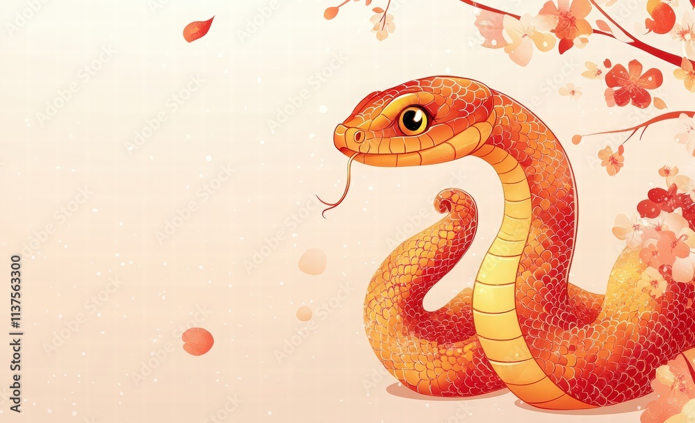 Obraz premium Cute Chinese New Year snake banner template with text 2025 and space for your message. Greeting card template for party decoration. Illustration of the Year of the Snake.
