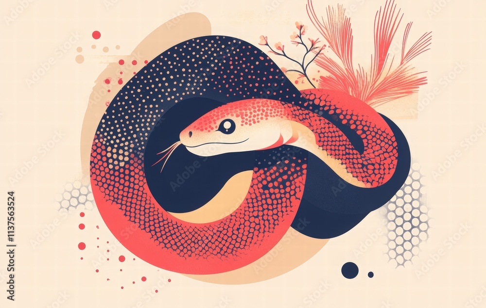 Fototapeta premium Cute Chinese New Year snake banner template with text 2025 and space for your message. Greeting card template for party decoration. Illustration of the Year of the Snake.