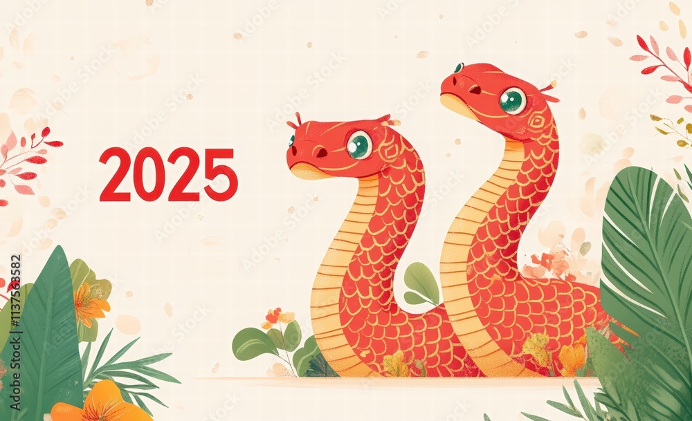 Cute Chinese New Year snake banner template with text 2025 and space for your message. Greeting card template for party decoration. Illustration of the Year of the Snake. Cute Chinese New Year snake banner template with text 2025 and space for your message. Greeting card template for party decoration. Illustration of the Year of the Snake.