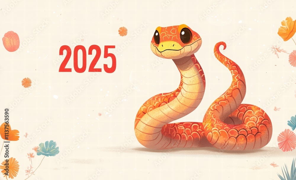 Fototapeta premium Cute Chinese New Year snake banner template with text 2025 and space for your message. Greeting card template for party decoration. Illustration of the Year of the Snake.