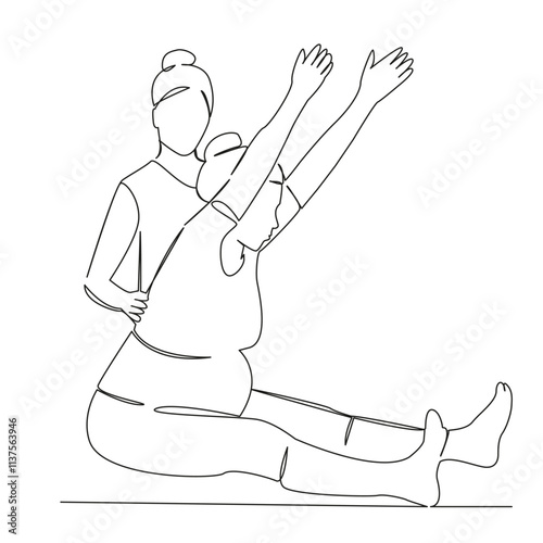 One continuous single drawing line art flat doodle Yoga instructor correcting asana of pregnant women, sport, lifestyle, expecting a child. Isolated image hand draw contour on a white background, hand