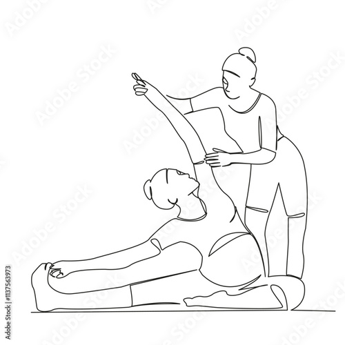 One continuous single drawing line art flat doodle Yoga instructor helping pregnant woman with stretching, practice, relaxation. Isolated image hand draw contour on a white background, hand drawn, not