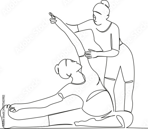 One continuous single drawing line art flat doodle Yoga instructor helping pregnant woman with stretching, practice, relaxation. Isolated image hand draw contour on a white background, hand drawn, not