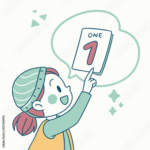 A cheerful child holds up a card displaying the number one.