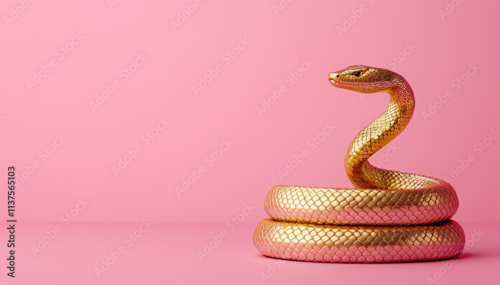 Fototapeta premium Snake symbolism concept. Golden snake coiled against a pink background, showcasing its elegance and texture.