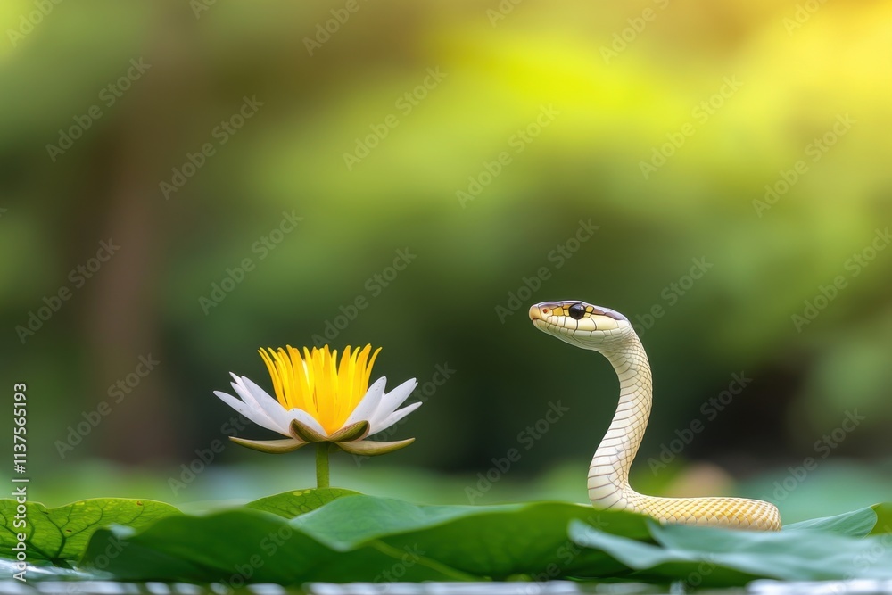 Fototapeta premium Snake symbolism concept. A snake beside a blooming water lily in a serene natural setting.