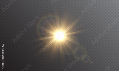 Yellow star flashed with sparkles sun isolated on white background. Soft glow without departing rays, sunlight with lens flare effect. PNG vector light effect.