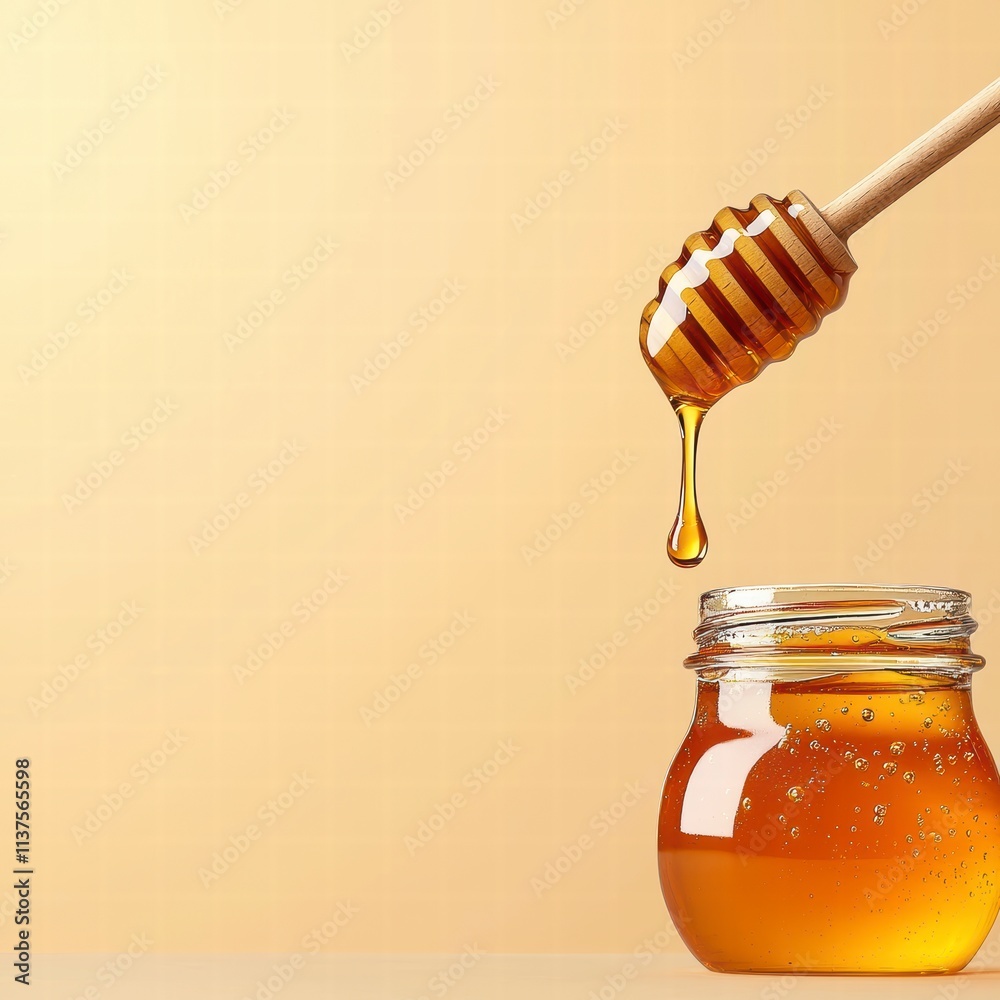 Honey Dripping into Jar on Beige Background Honey Dripping into Jar on Beige Background