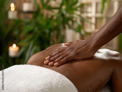 Close-up of a black hand giving a back massage with sea salt.