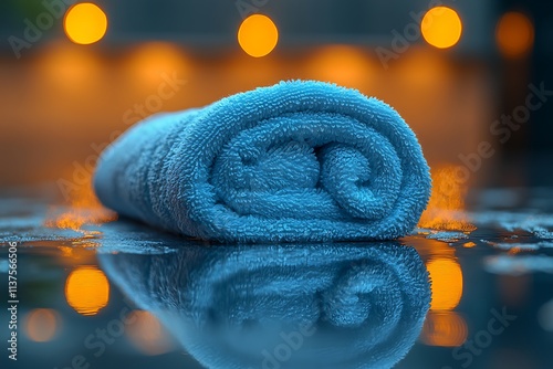 Blue towel on a wet surface with bokeh lights in the background