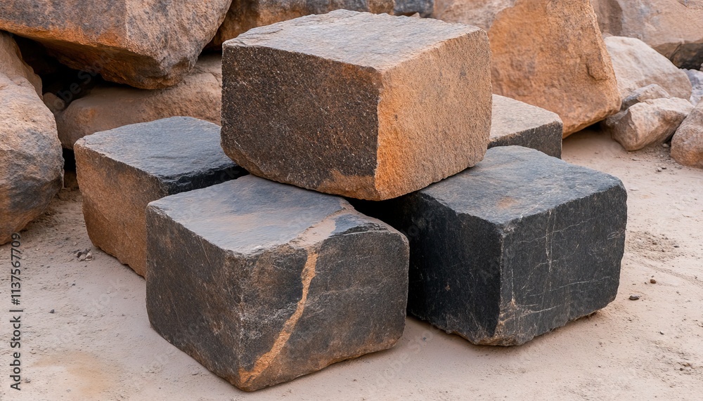 A stack of rugged, textured stones sits on sandy ground, showcasing a blend of earthy colors and shapes. A stack of rugged, textured stones sits on sandy ground, showcasing a blend of earthy colors and shapes.