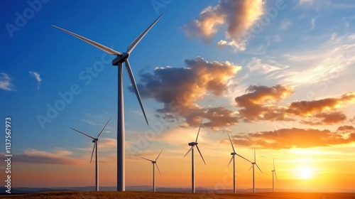 Wind turbines silhouetted against a breathtaking sunset sky with dramatic colorful clouds Renewable energy and eco friendly power concept