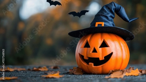 A creepy jack o lantern carved pumpkin with a witch s hat sitting on the ground in an autumn forest surrounded by falling leaves and silhouettes of bats flying overhead  The scene has a spooky photo