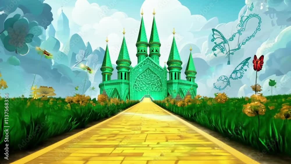 A bright green castle with a yellow brick road leading to it, symbolizing fantasy, fairy tales, and magical adventures in a colorful world.