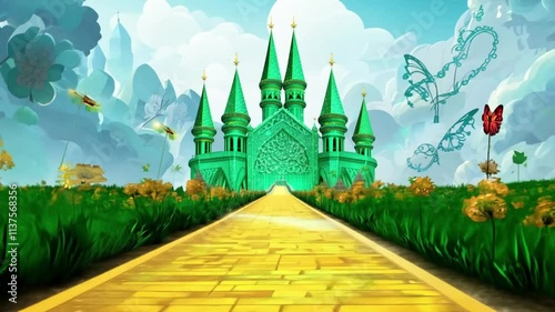A bright green castle with a yellow brick road leading to it, symbolizing fantasy, fairy tales, and magical adventures in a colorful world. photo