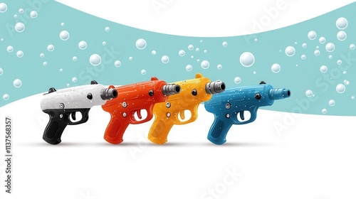 Vibrant and whimsical scene featuring colorful plastic toy guns alongside a bubble machine evoking a nostalgic childhood theme of playful imagination and carefree joy photo