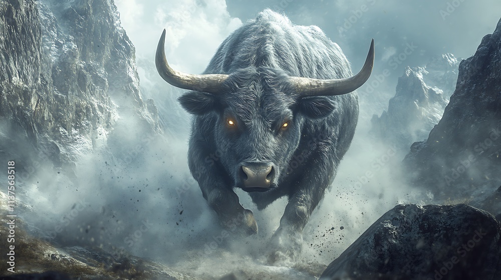 A fierce bull charging through a foggy mountain pass, its eyes glowing with determination, rocky cliffs looming around it, mist swirling in the air, cinematic lighting highlighting the rugged terrain, A fierce bull charging through a foggy mountain pass, its eyes glowing with determination, rocky cliffs looming around it, mist swirling in the air, cinematic lighting highlighting the rugged terrain,