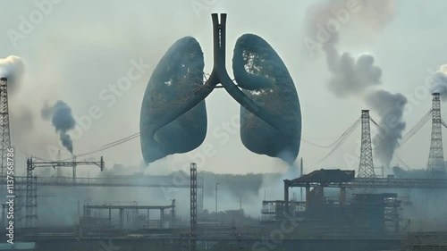 Industrial scene with two lungs symbolizing air pollution, health concerns, and the impact of industry on the environment.