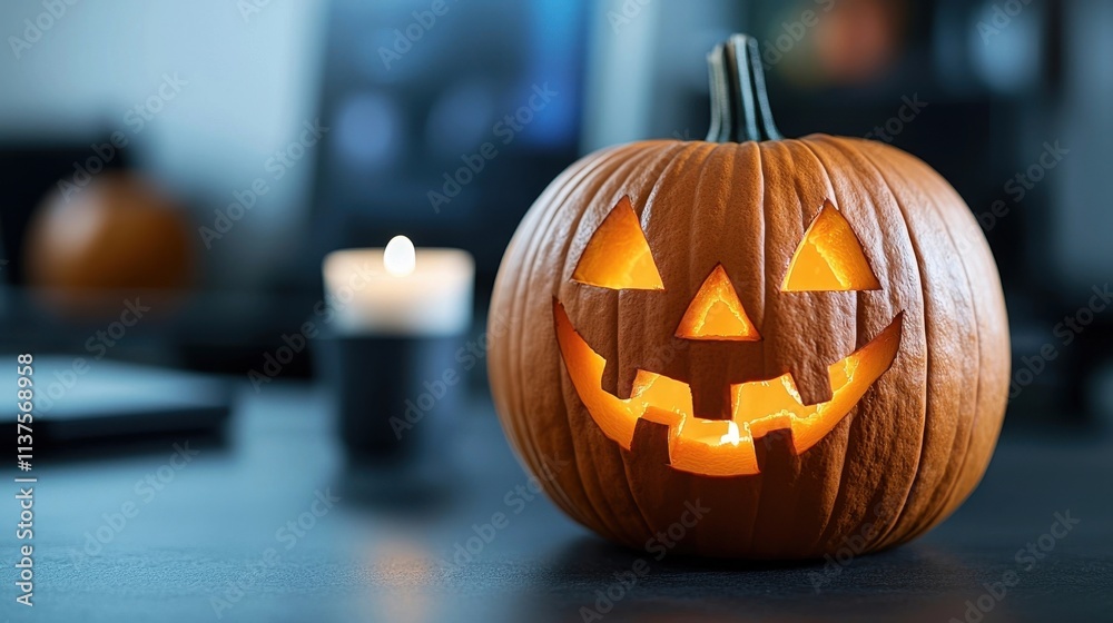 Glowing carved jack o lantern pumpkin with sinister grinning face sitting on a dark autumnal table